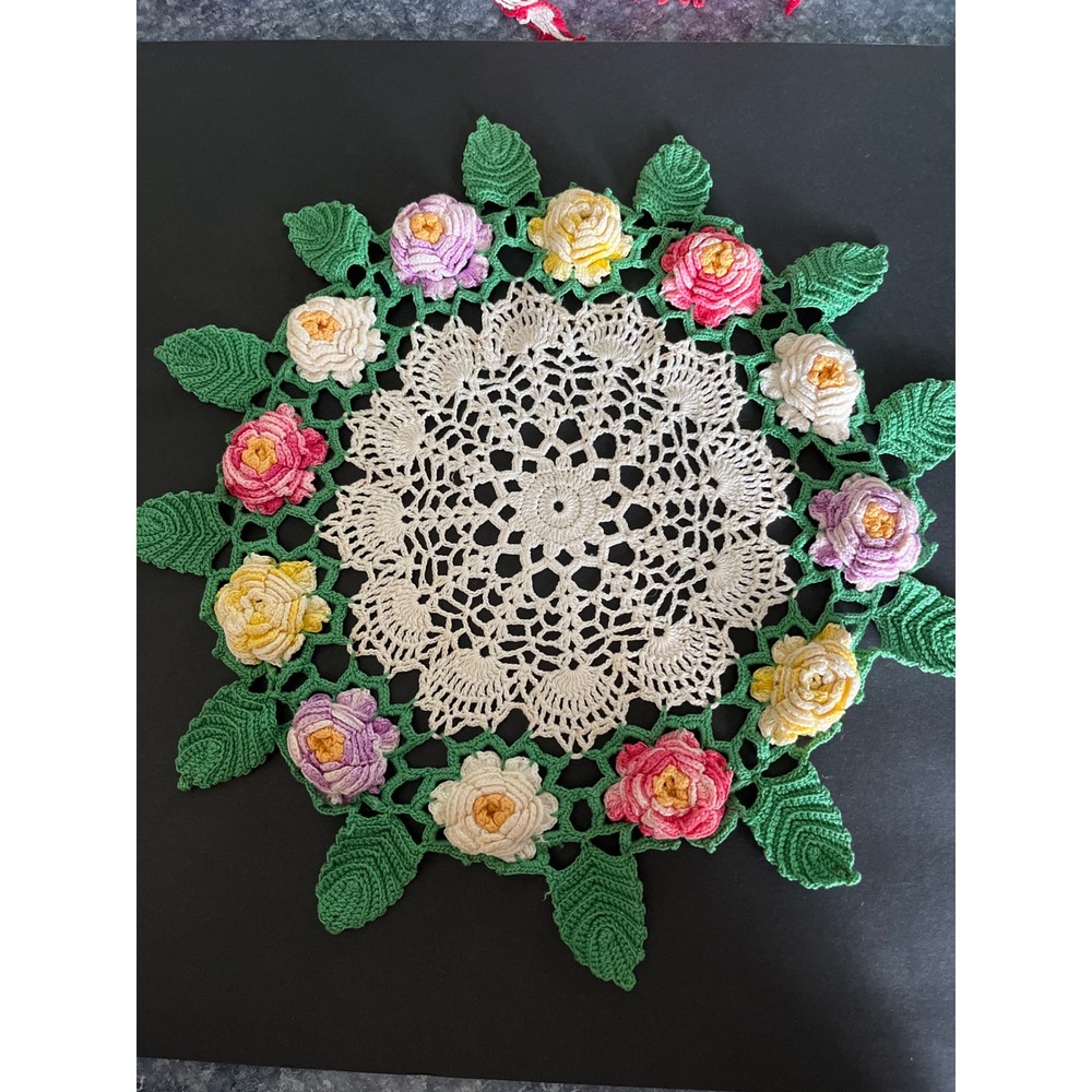 Vintage Handmade 3D Floral Crochet Doily 18 Inch Pink Yellow Roses Green Leaves